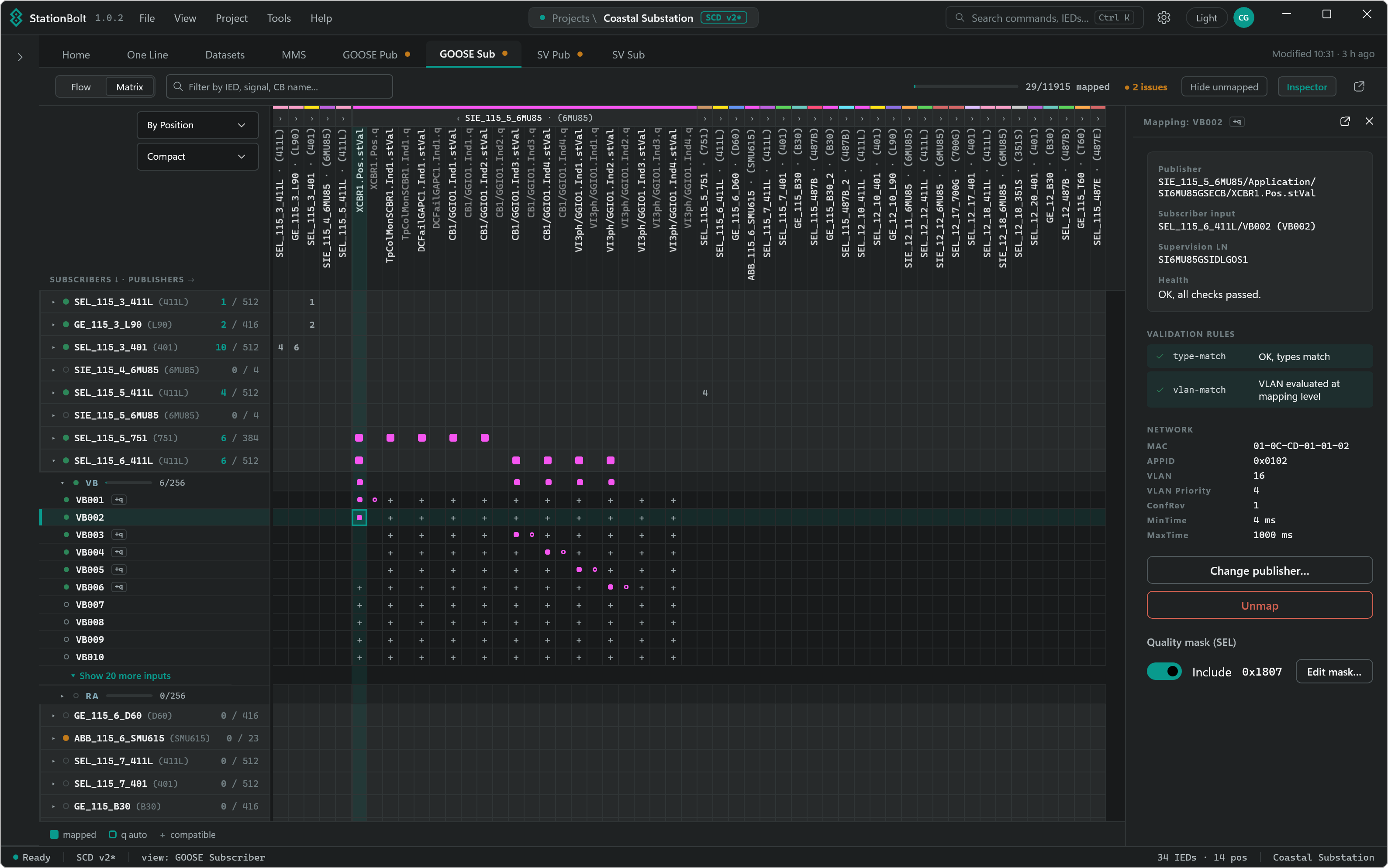 StationBolt GOOSE subscriber, Matrix view with mapping inspector