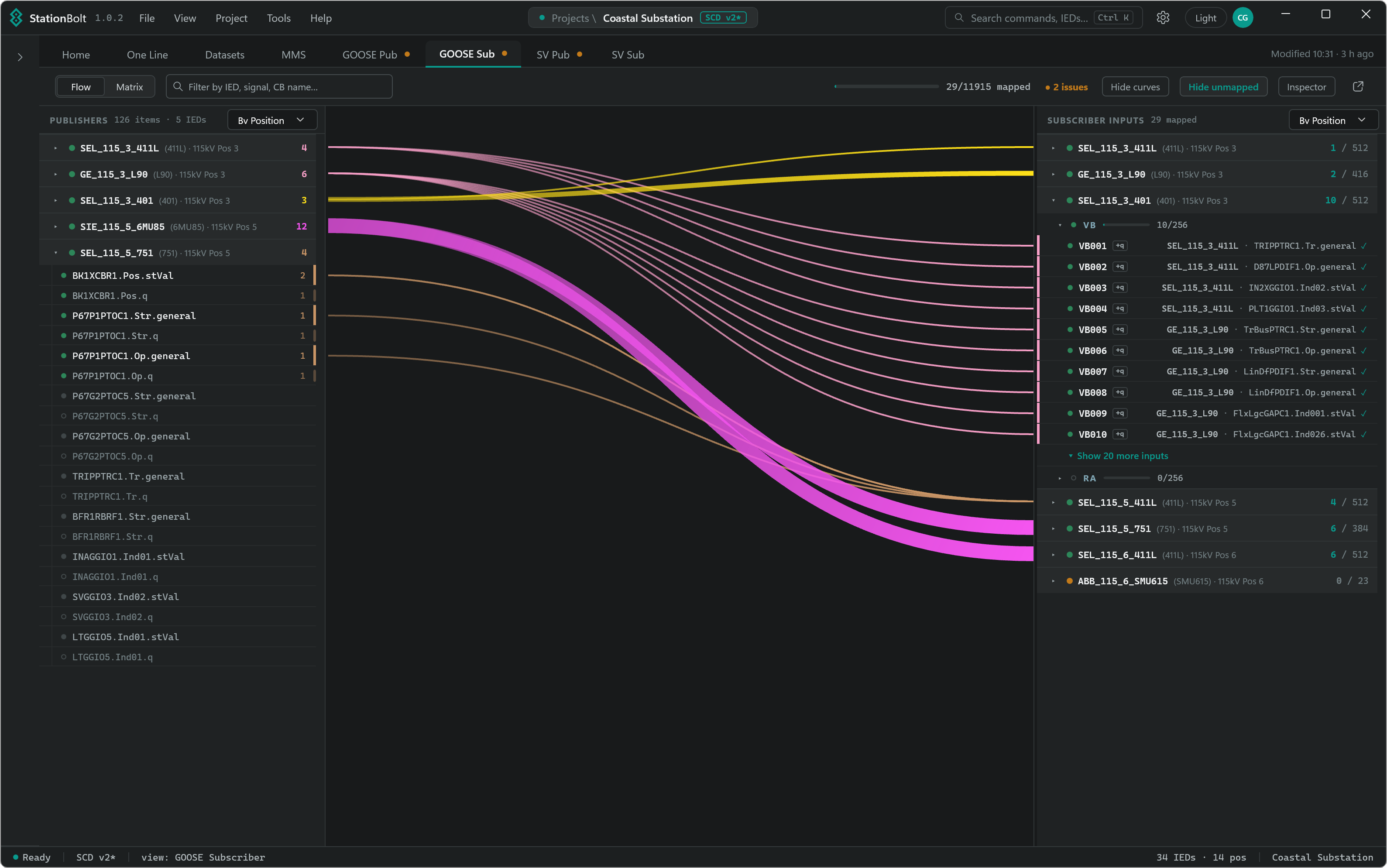 StationBolt GOOSE subscriber Flow view, publishers mapped to subscriber inputs