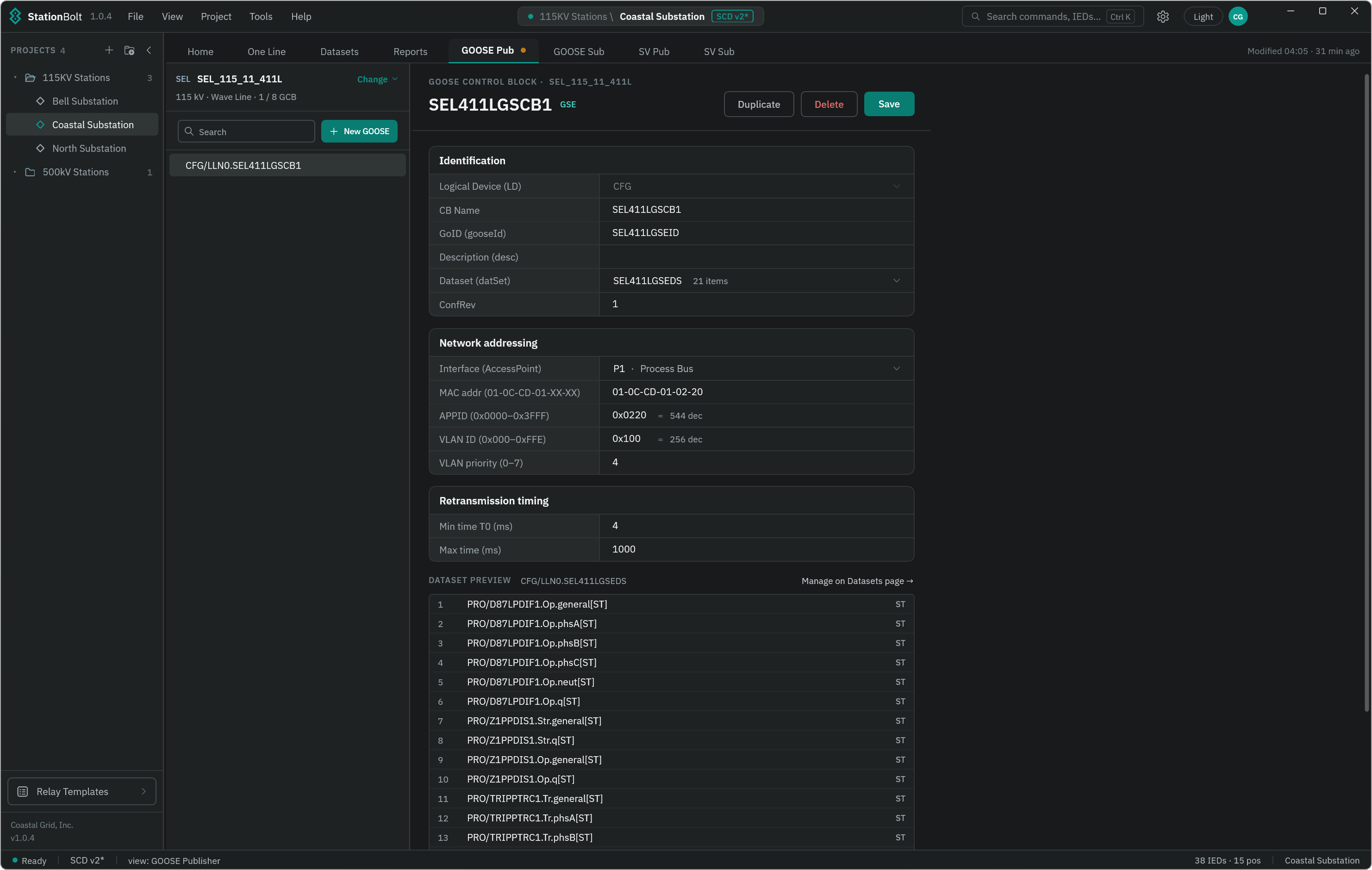 StationBolt GOOSE publisher control block configuration