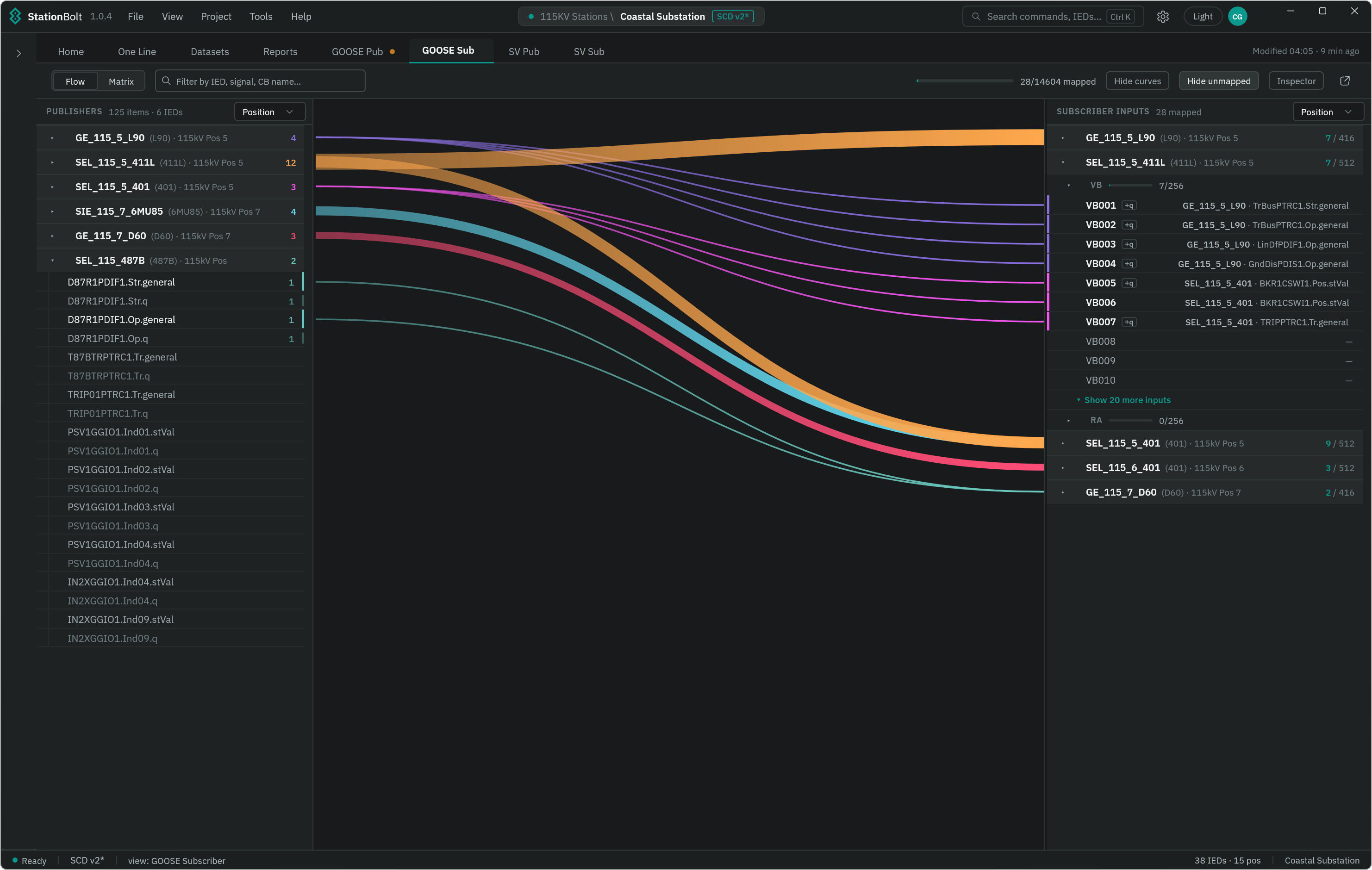 StationBolt GOOSE subscriber Flow view, publishers mapped to subscriber inputs