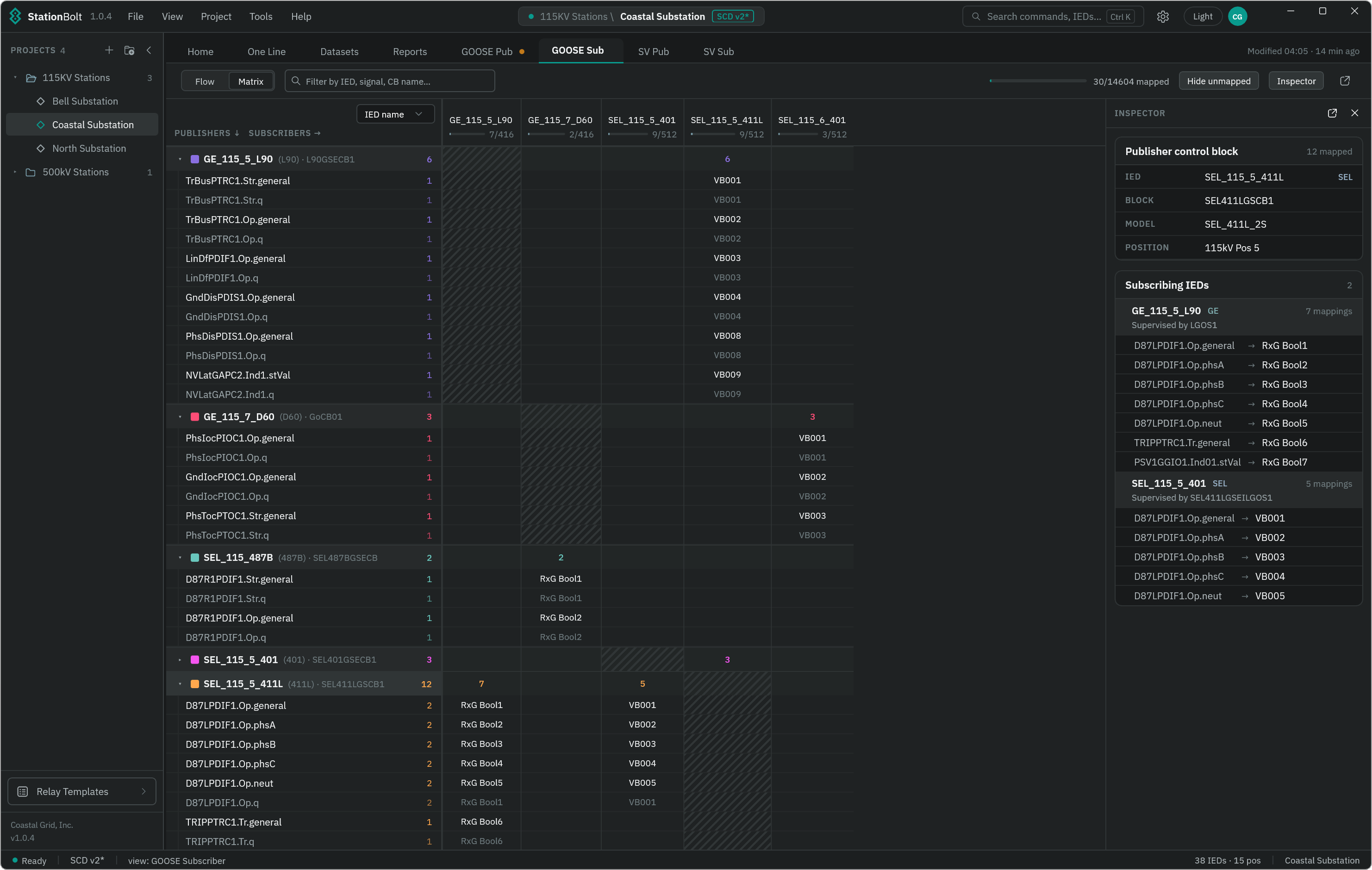 StationBolt GOOSE subscriber, Matrix view with mapping inspector